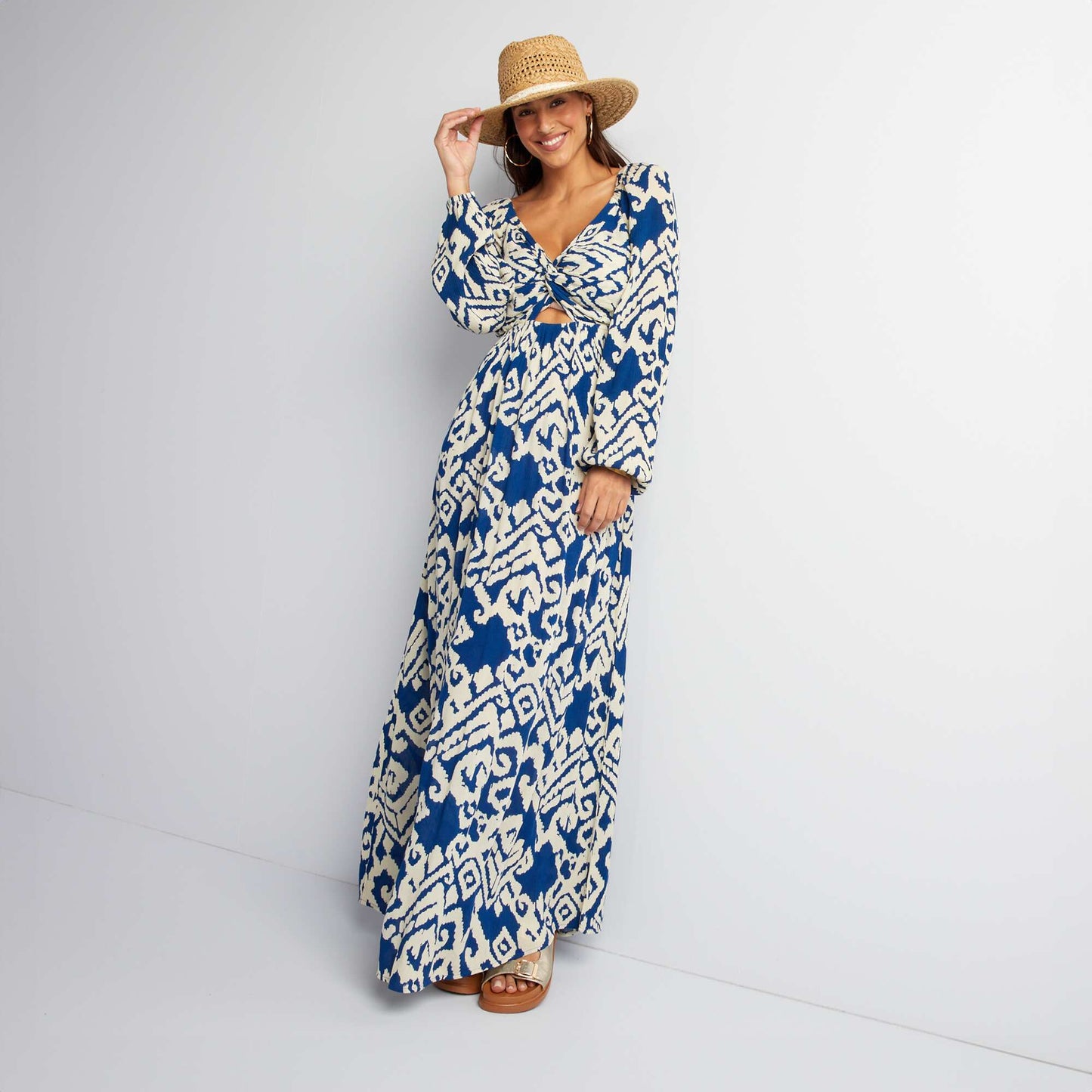 Robe longue en maille cr pe Bleu