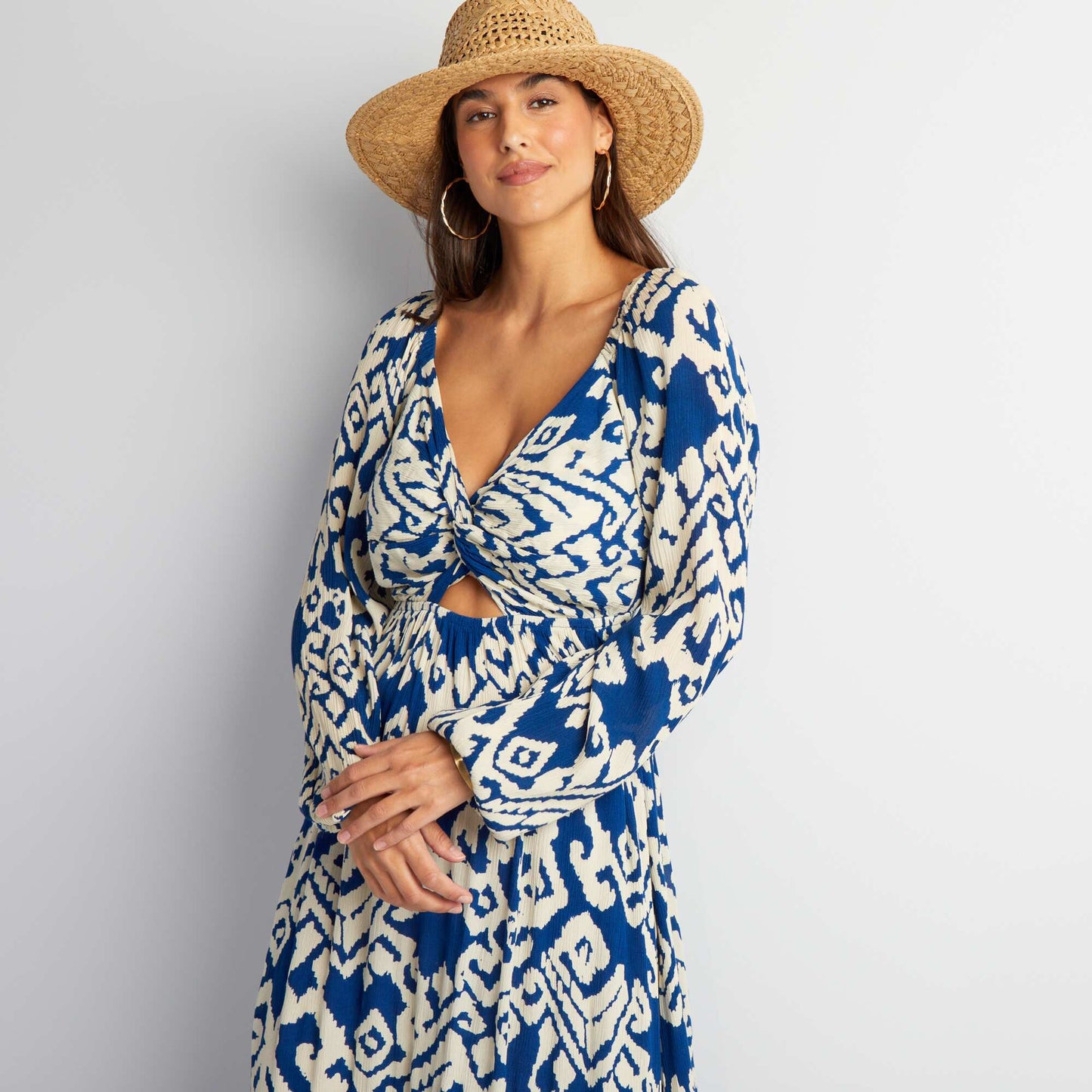 Robe longue en maille cr pe Bleu