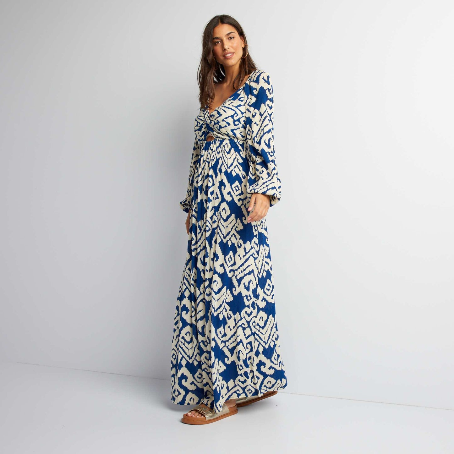 Robe longue en maille cr pe Bleu