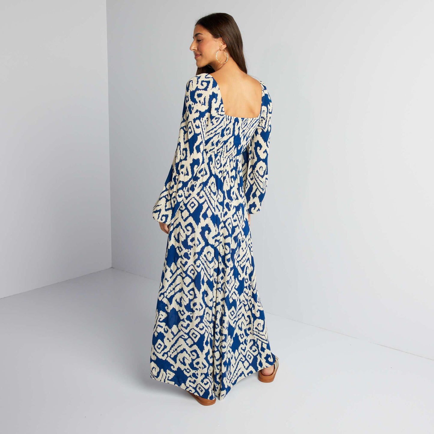 Robe longue en maille cr pe Bleu