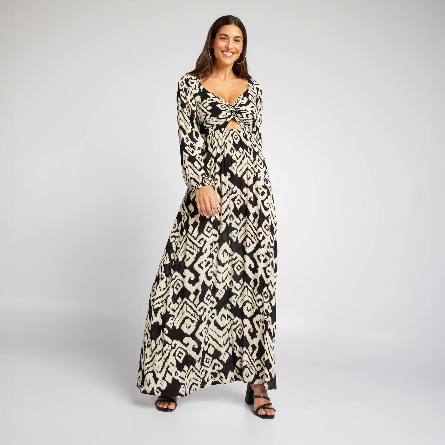 Robe longue en maille cr pe Noir/blanc