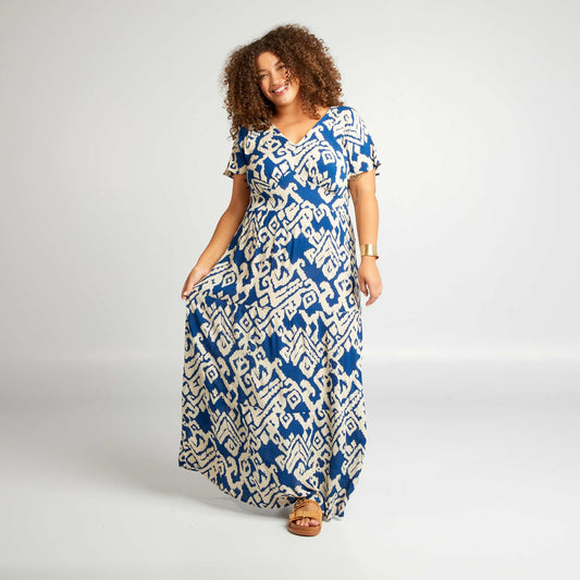 Robe longue   col V Bleu   motifs