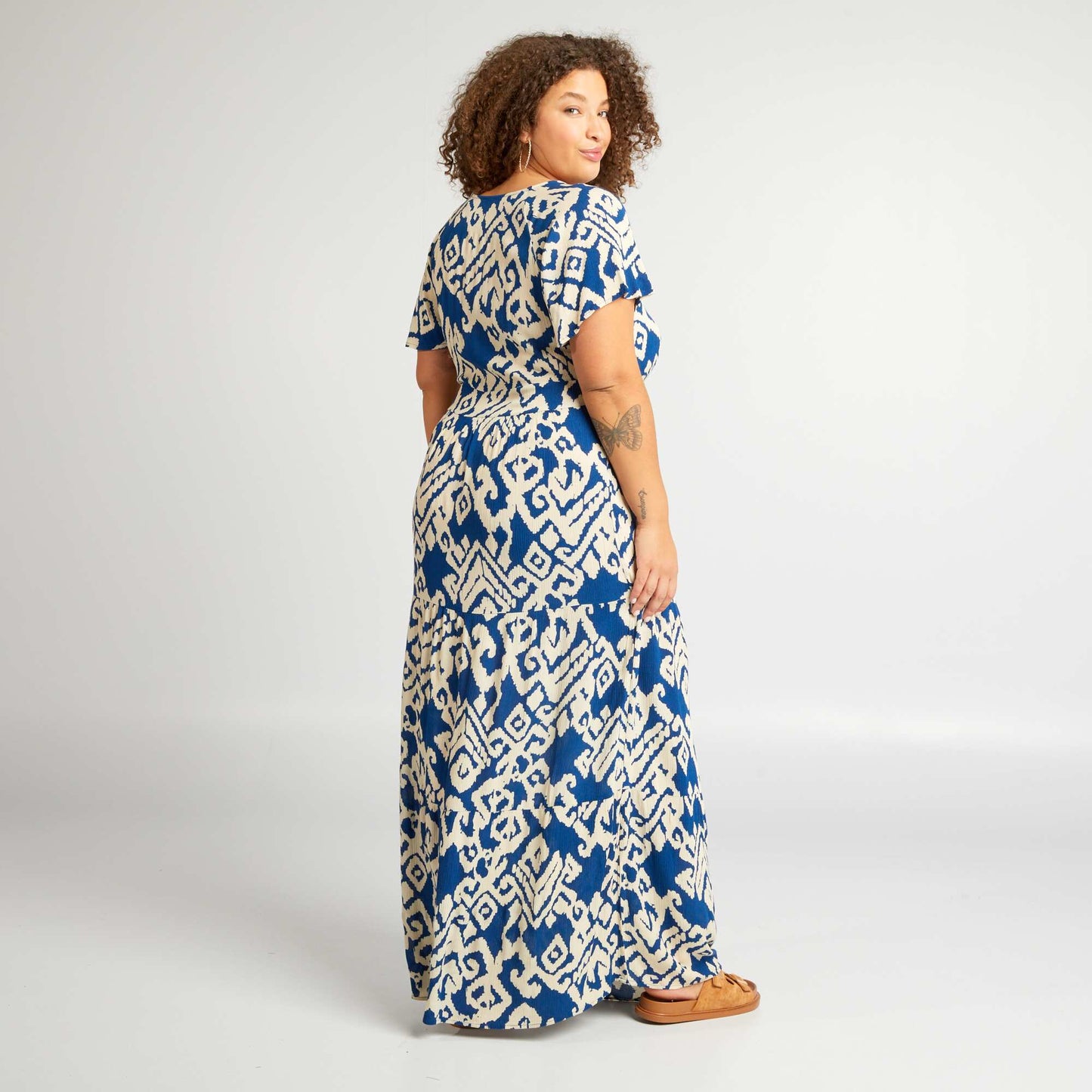 Robe longue   col V Bleu   motifs