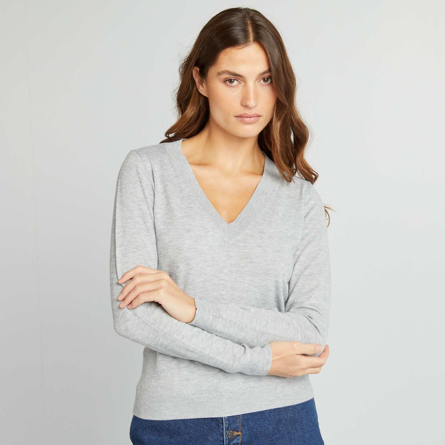 Pull manches longues col V Gris