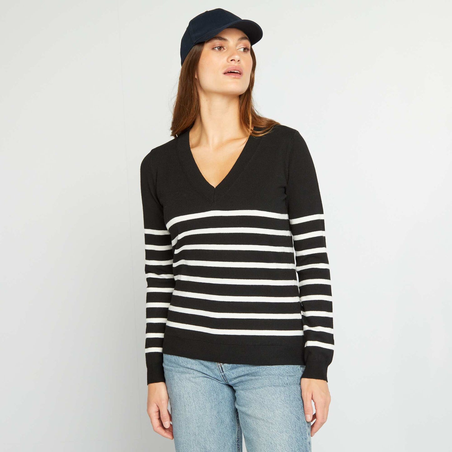 Pull manches longues col V Noir/blanc