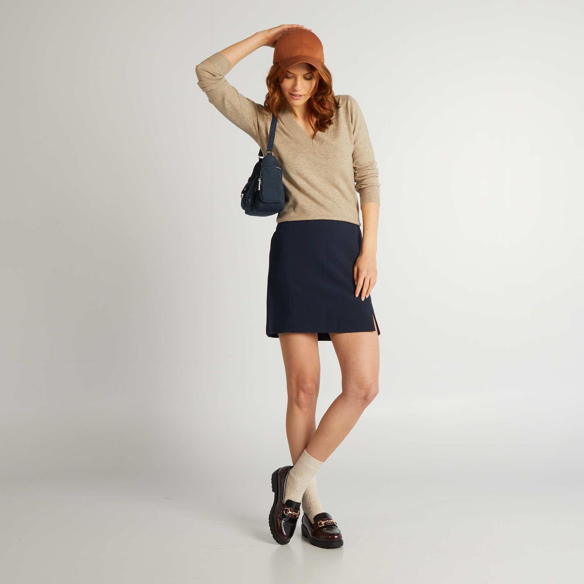 Pull manches longues col V Beige
