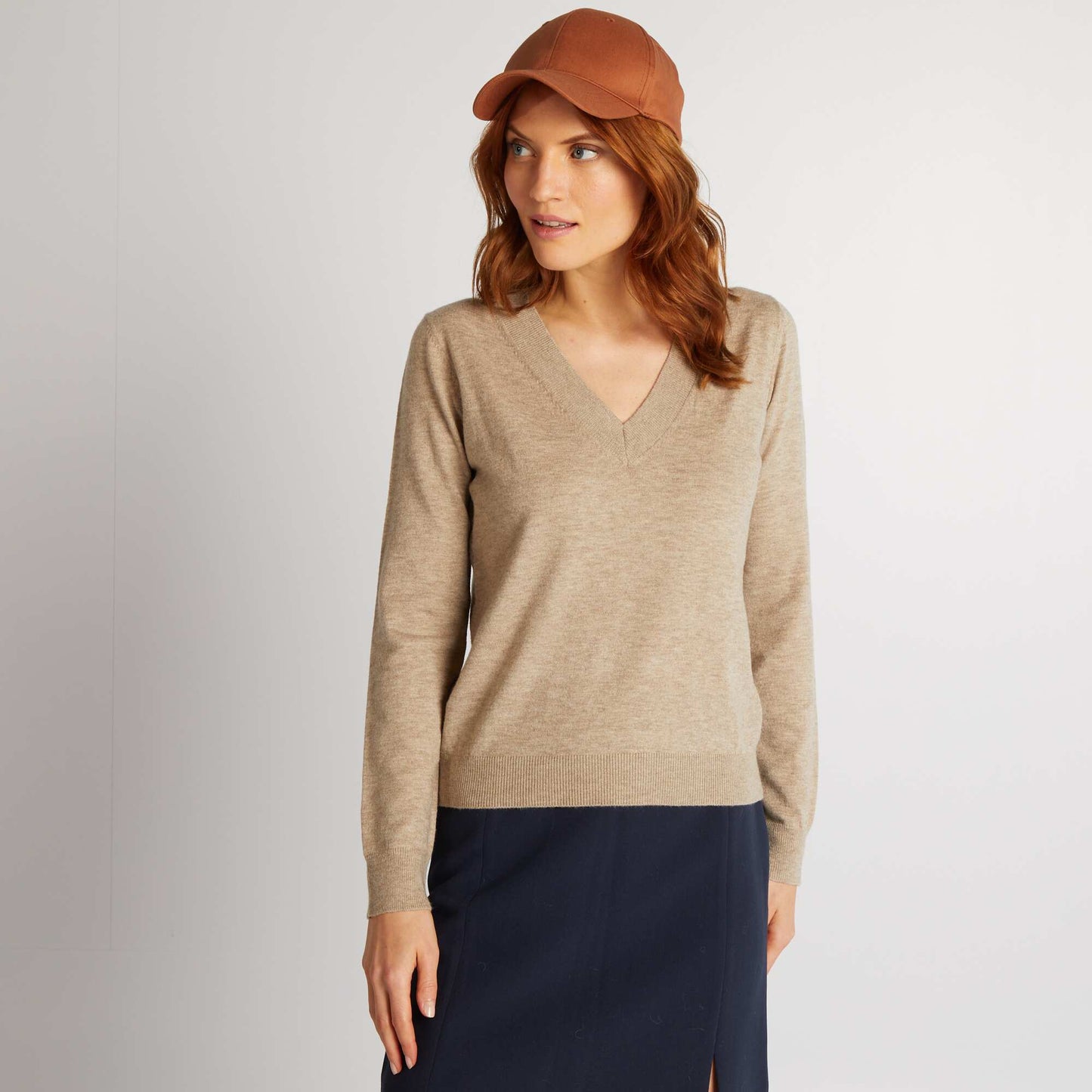 Pull manches longues col V Beige