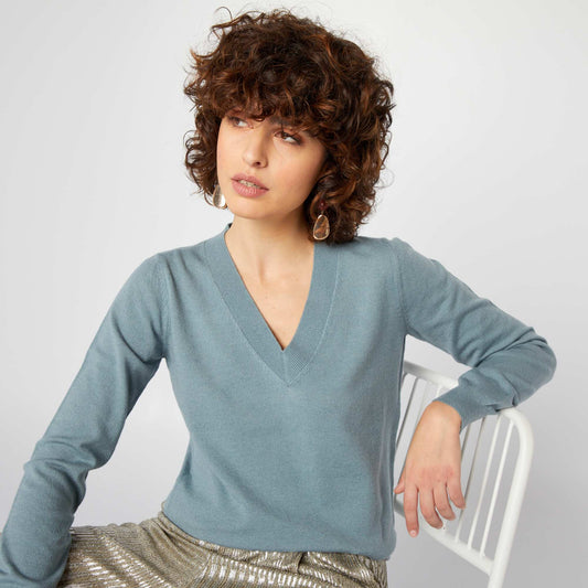 Pull manches longues col V Bleu