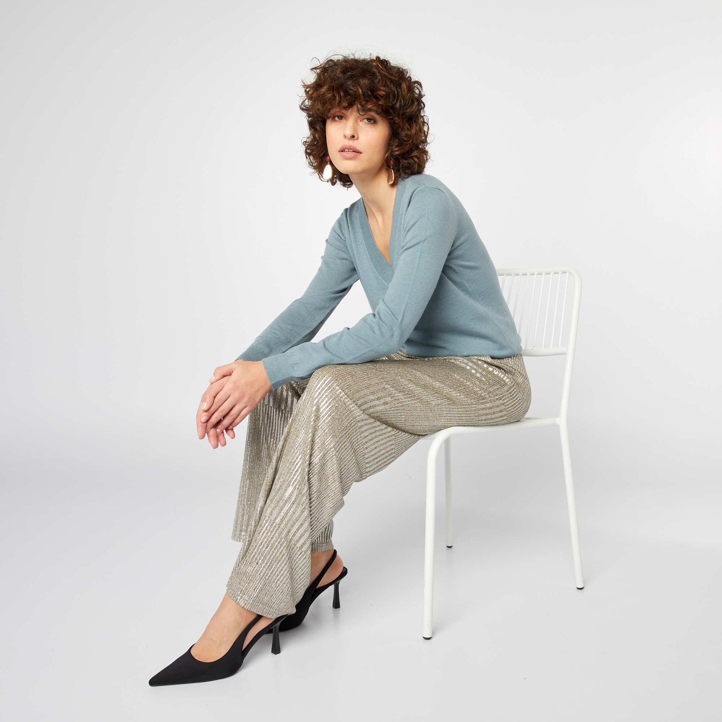 Pull manches longues col V Bleu