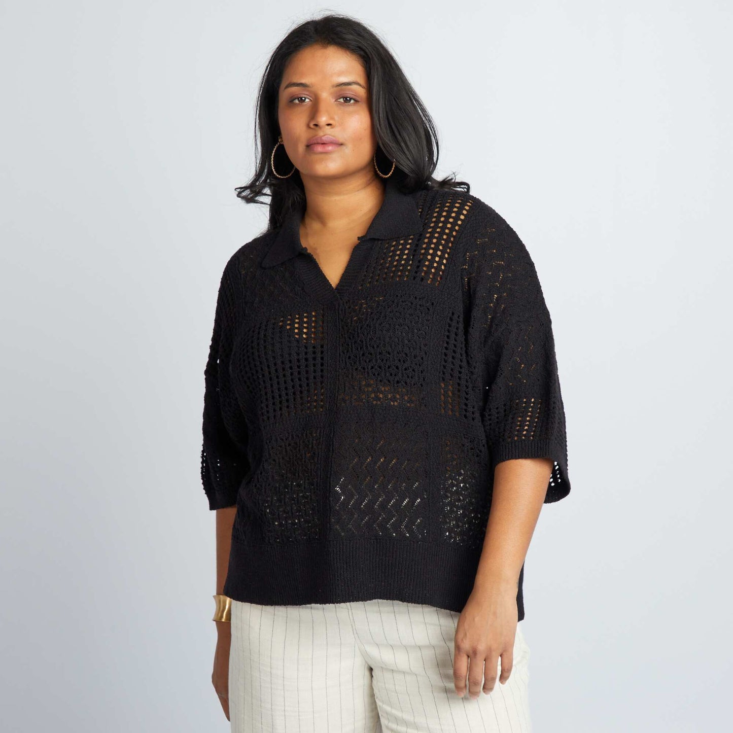 Polo en maille crochet noir