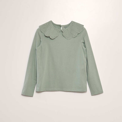 T-shirt col en broderie anglaise Vert
