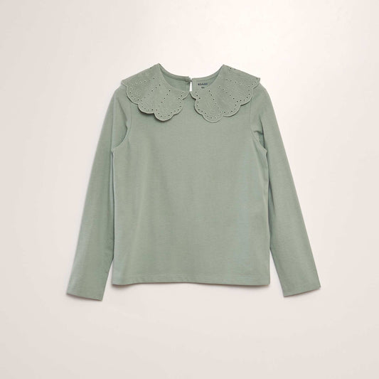 T-shirt   col en broderie anglaise Vert