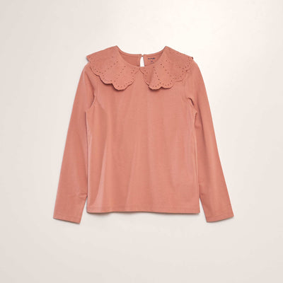 T-shirt col en broderie anglaise Rose