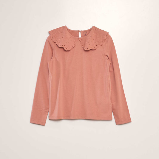 T-shirt   col en broderie anglaise Rose