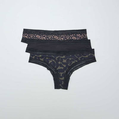 Lot de 3 tangas en microfibre imprim Noir imprim