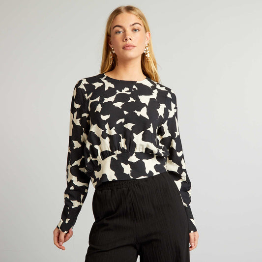 Blouse imprim e   manches longues Noir