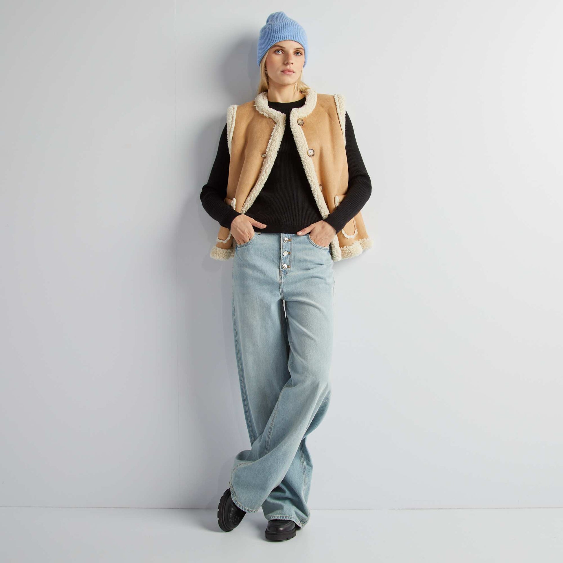 Veste sans manches en su dine et sherpa Beige