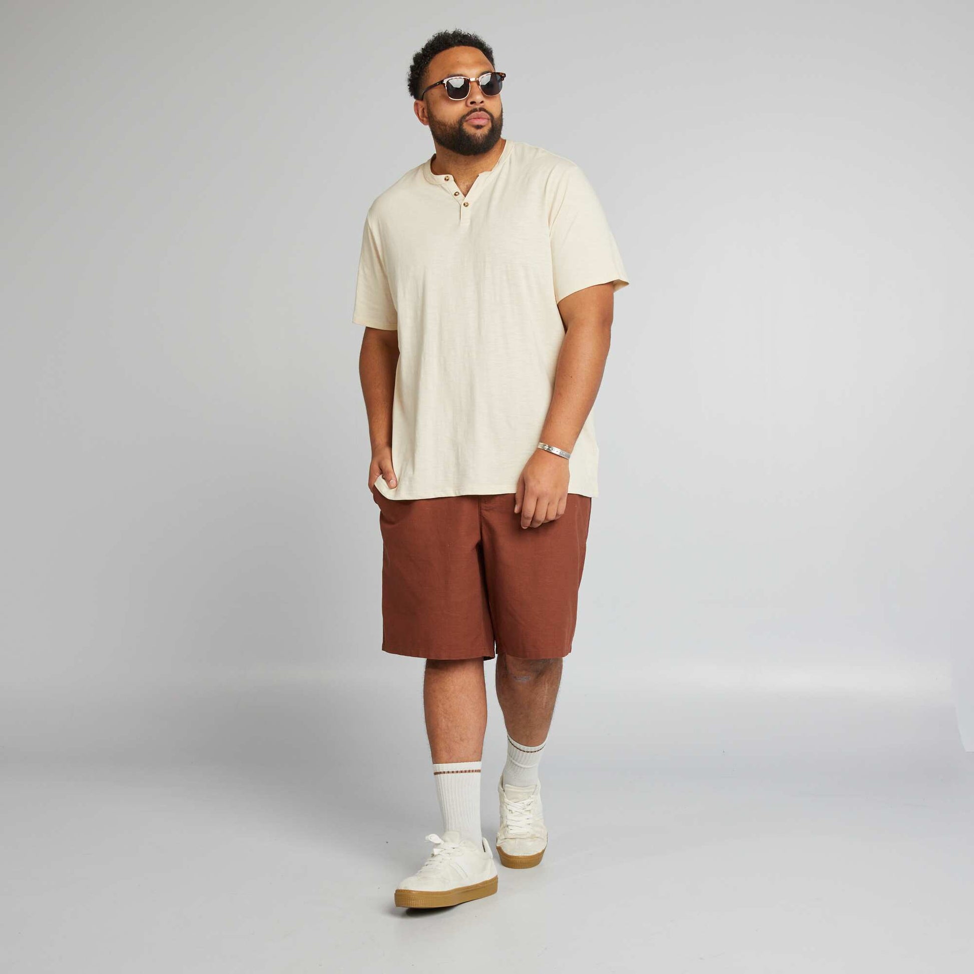 T-shirt en jersey col tunisien Beige