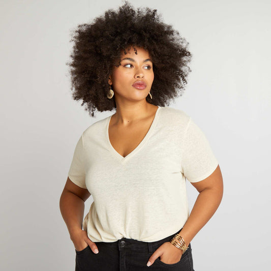 T-shirt uni en lin m lang Beige