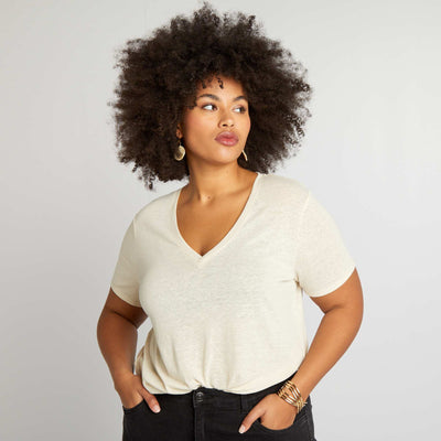 T-shirt uni en lin m lang Beige