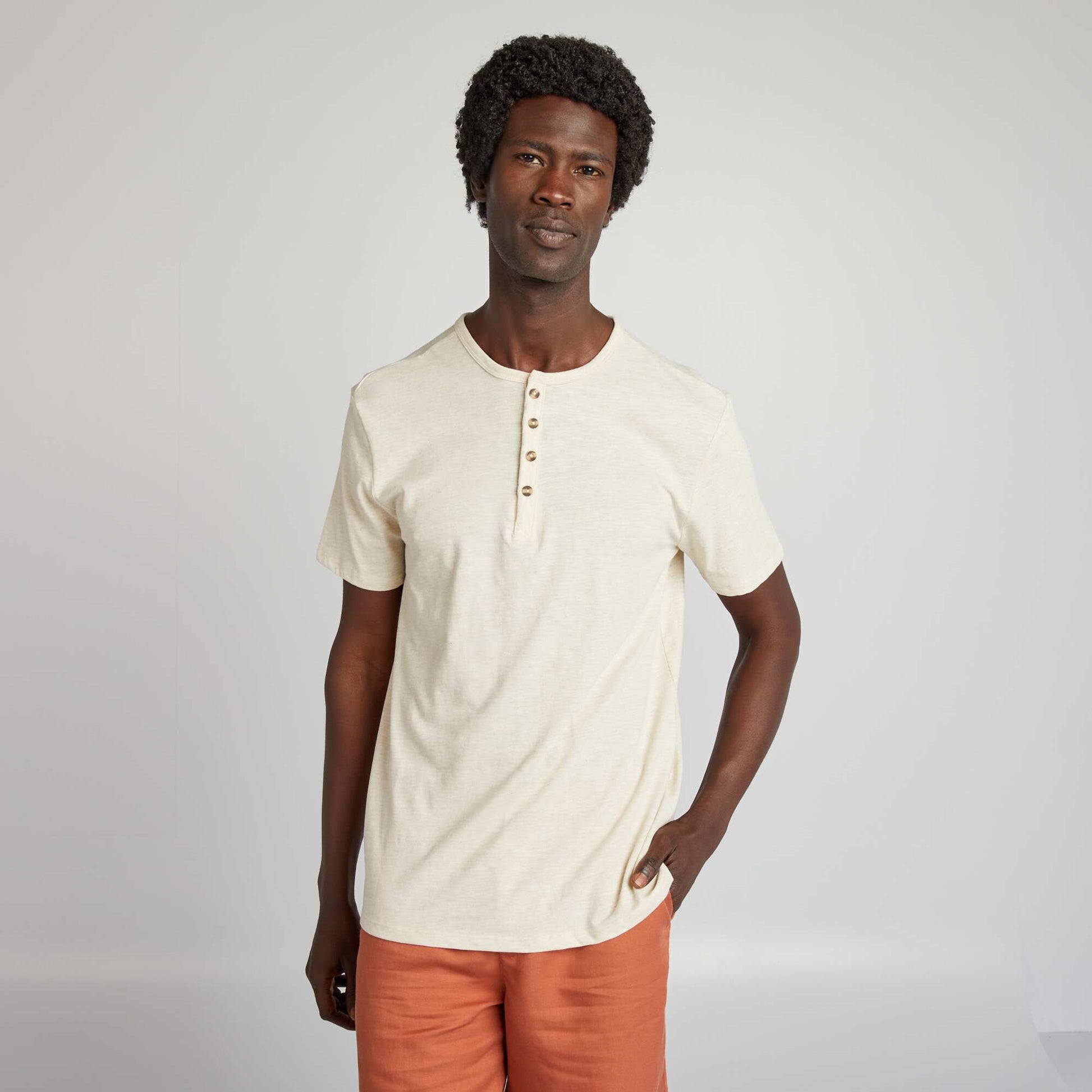 T-shirt en jersey col tunisien Beige