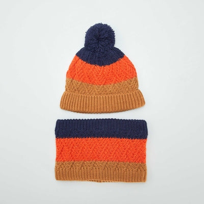 Ensemble bonnet pompon et snood doubl Marron/orange/marine