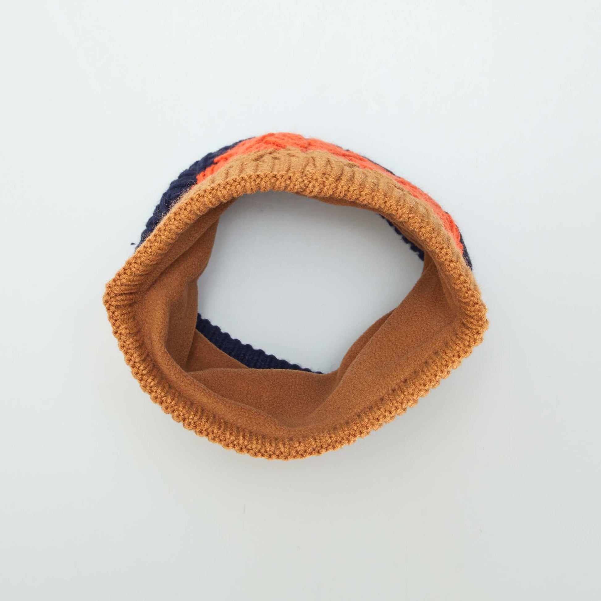 Ensemble bonnet pompon et snood doubl Marron/orange/marine