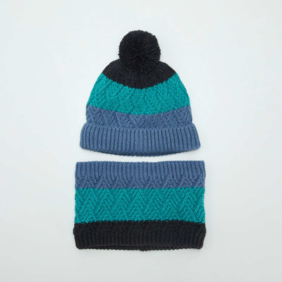 Ensemble bonnet pompon et snood doubl Noir/bleu/vert
