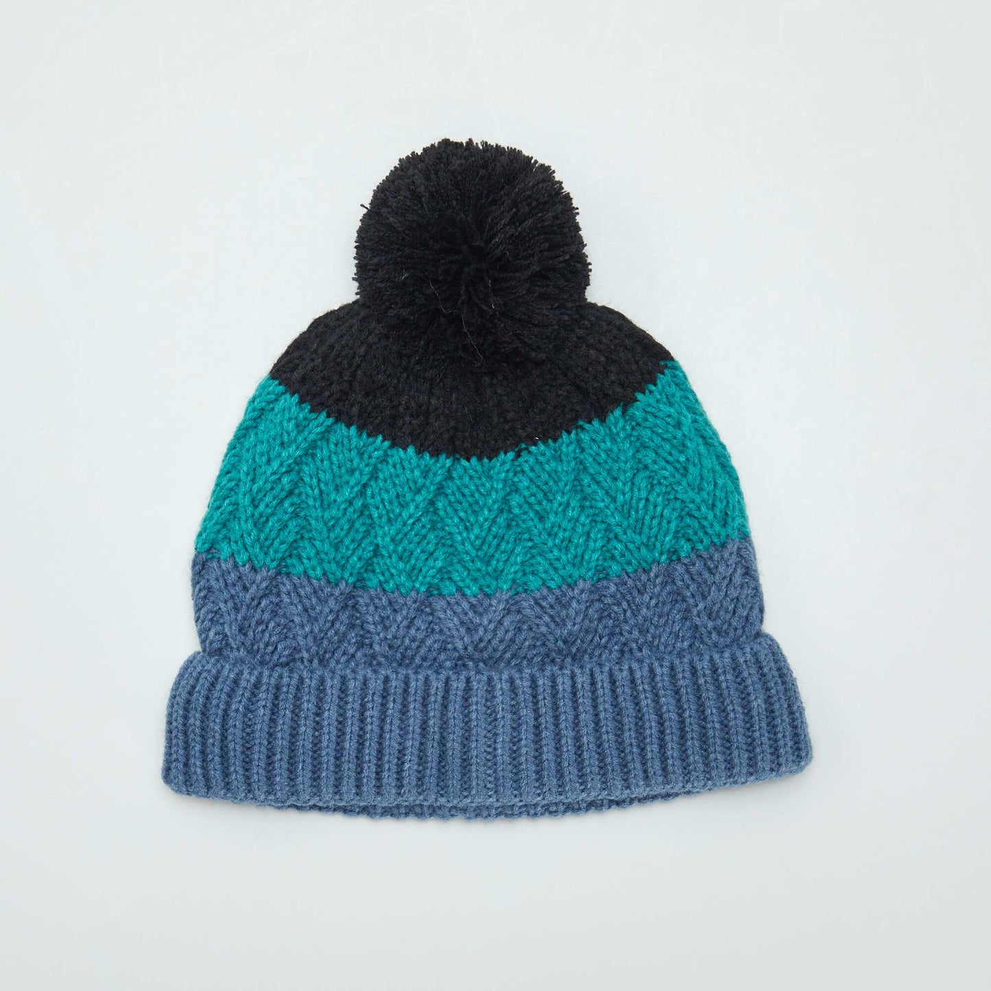 Ensemble bonnet   pompon et snood doubl  Noir/bleu/vert