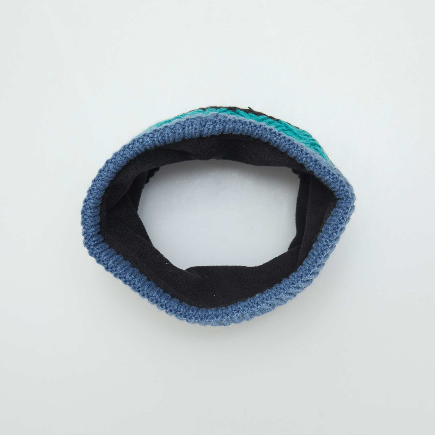 Ensemble bonnet   pompon et snood doubl  Noir/bleu/vert