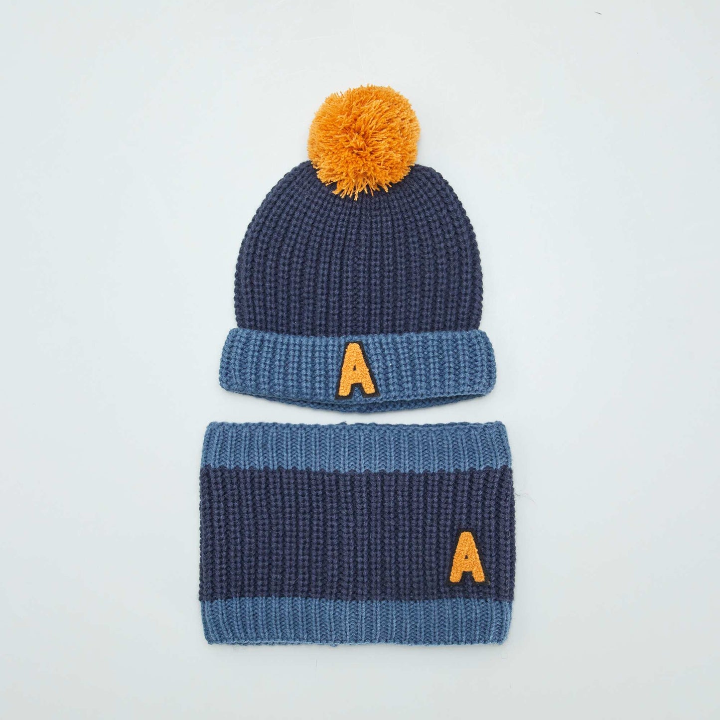 Ensemble bonnet   pompon + snood doubl  Bleu/jaune