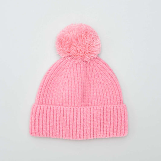 Bonnet cotel  avec pompom Rose fonc