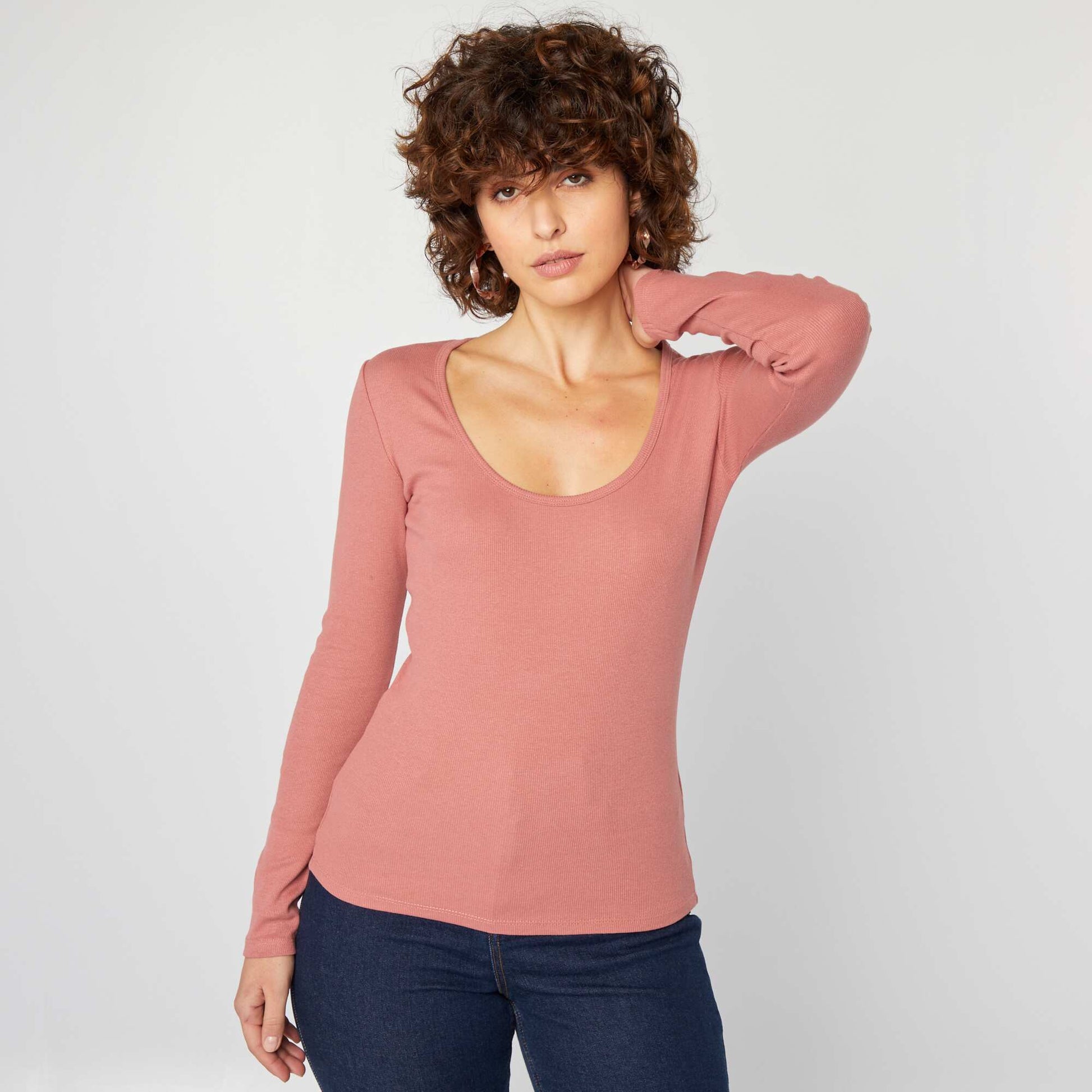 T-shirt côtelé à col rond Rose