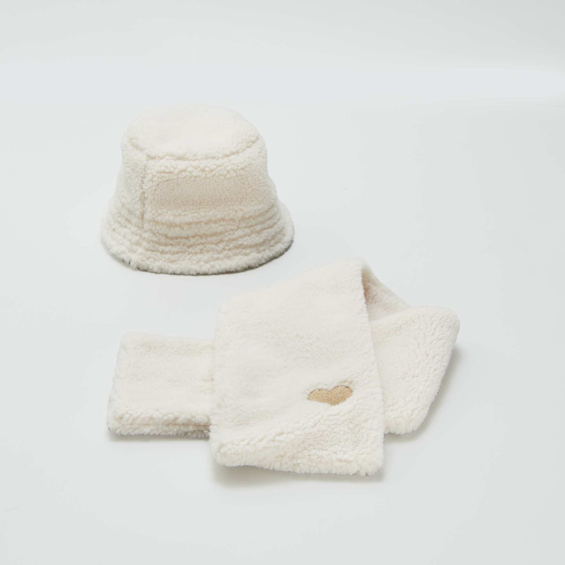 Bonnet imitation fourrure + charpe 'c ur' dor - 2 pi ces Beige