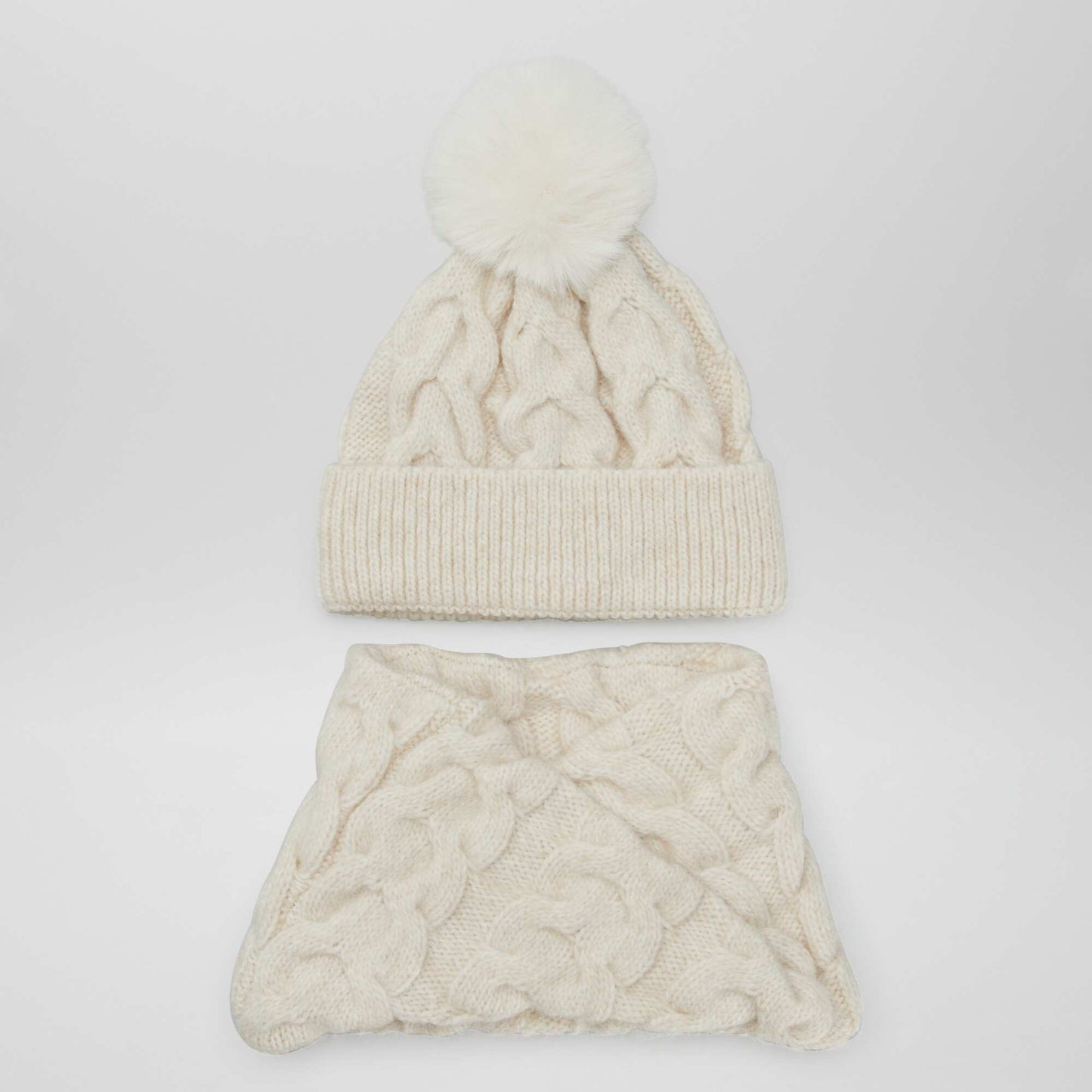 Bonnet + snood en maille tricot Beige