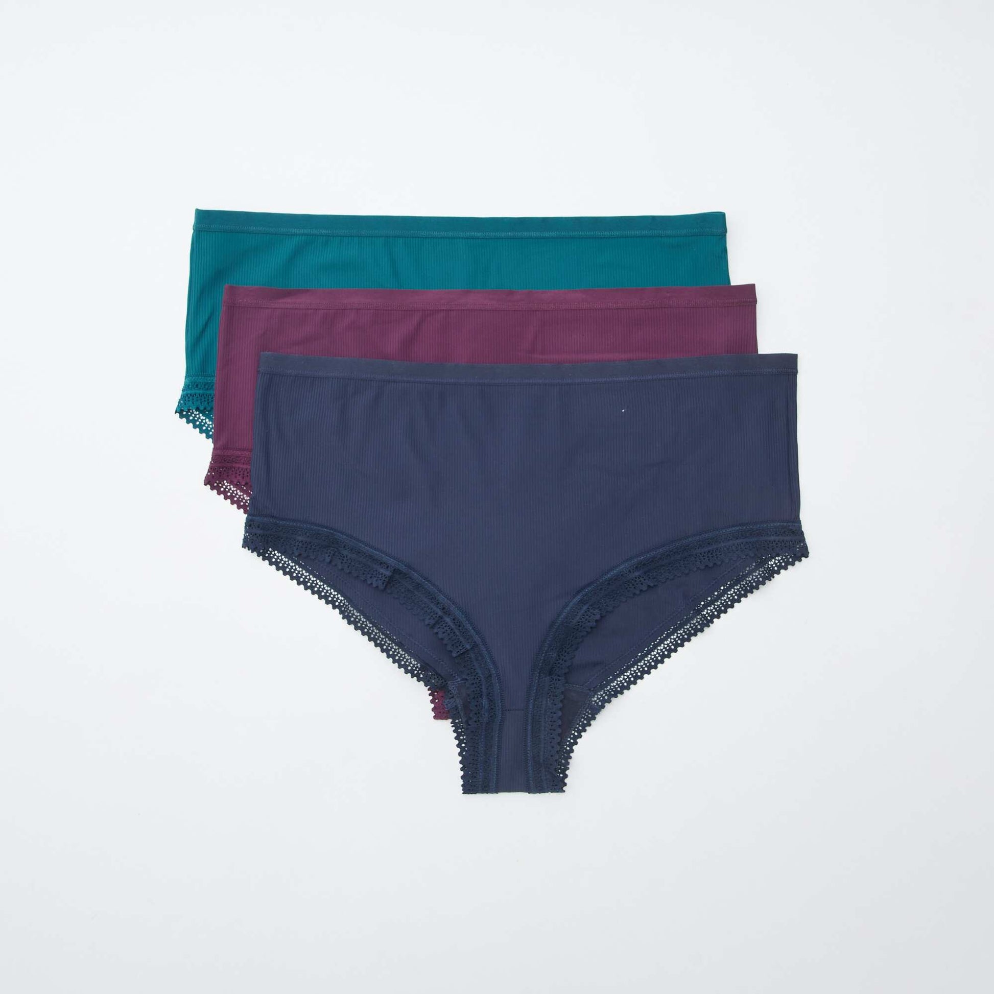Lot de 3 culottes côtelées avec dentelle VIOLET/VERT/BLEU MARINE