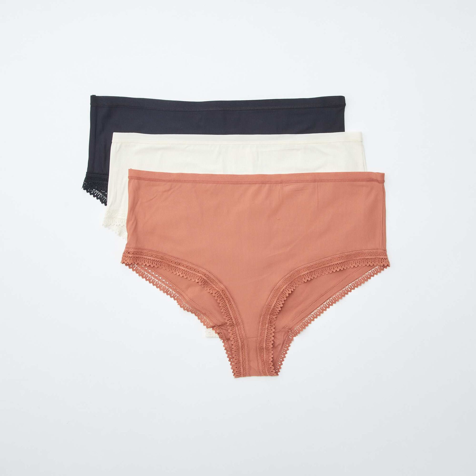 Lot de 3 culottes côtelées avec dentelle ORANGE/BLANC/NOIR