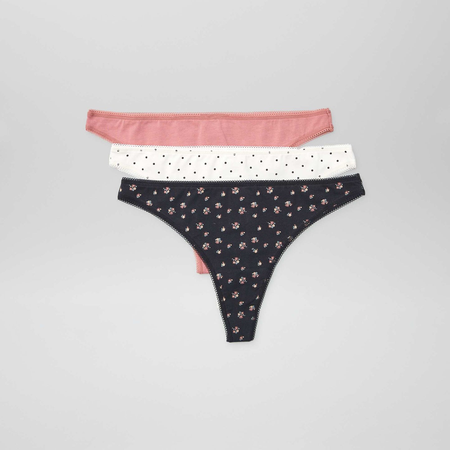 Lot de 3 tangas en coton cru/noir/rose
