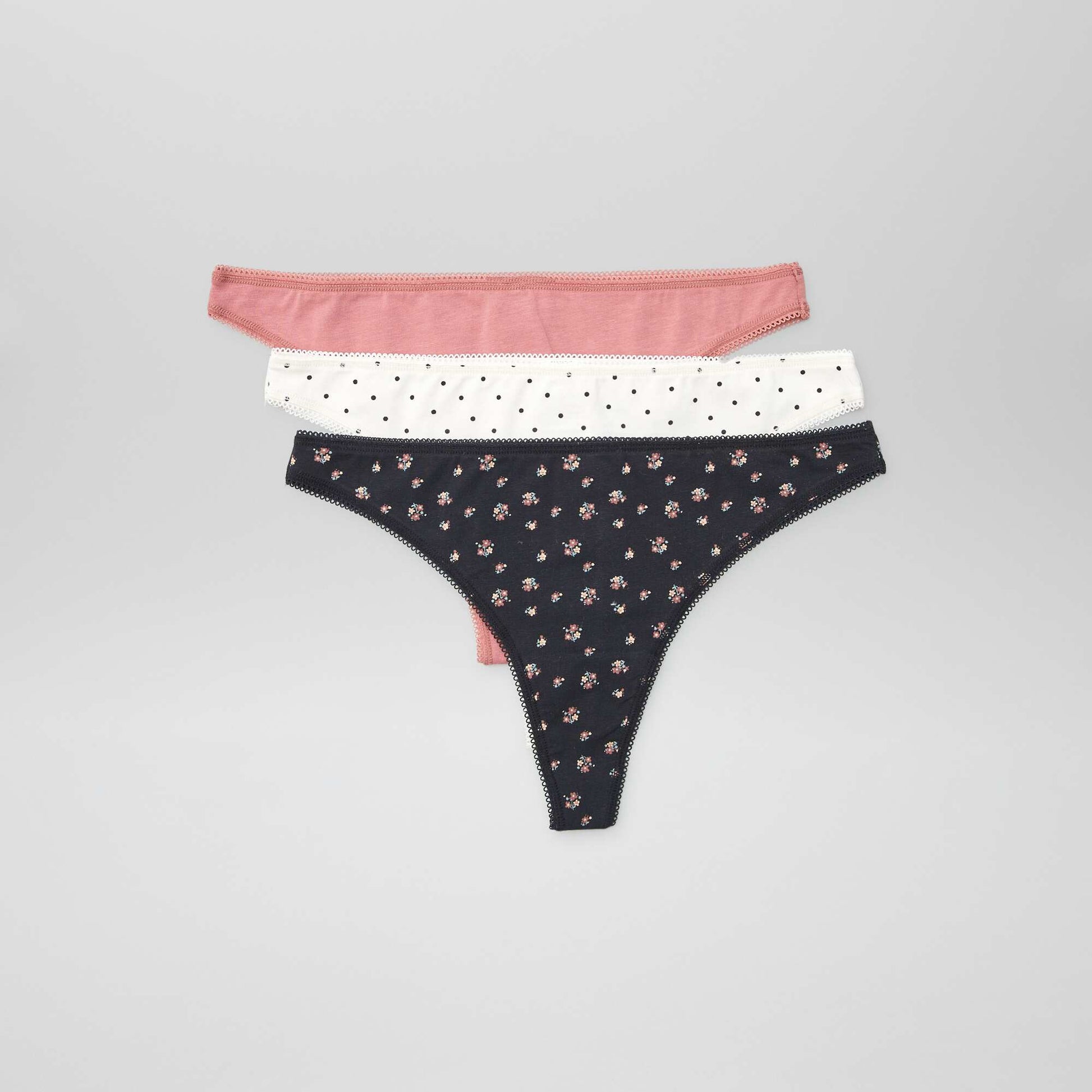 Lot de 3 tangas en coton cru/noir/rose