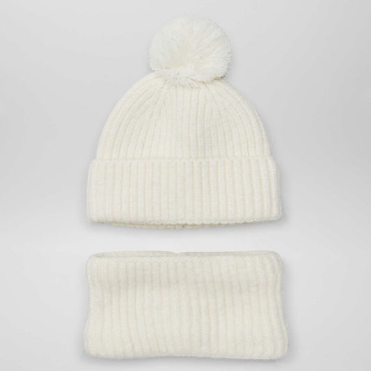 Ensemble bonnet + snood en double polaire Blanc