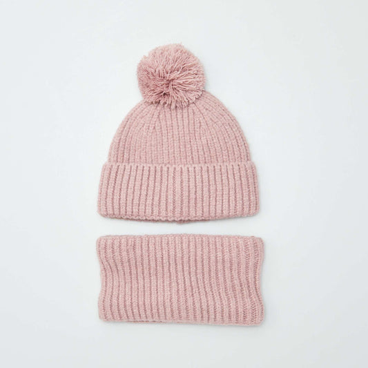 Ensemble bonnet + snood en double polaire Rose