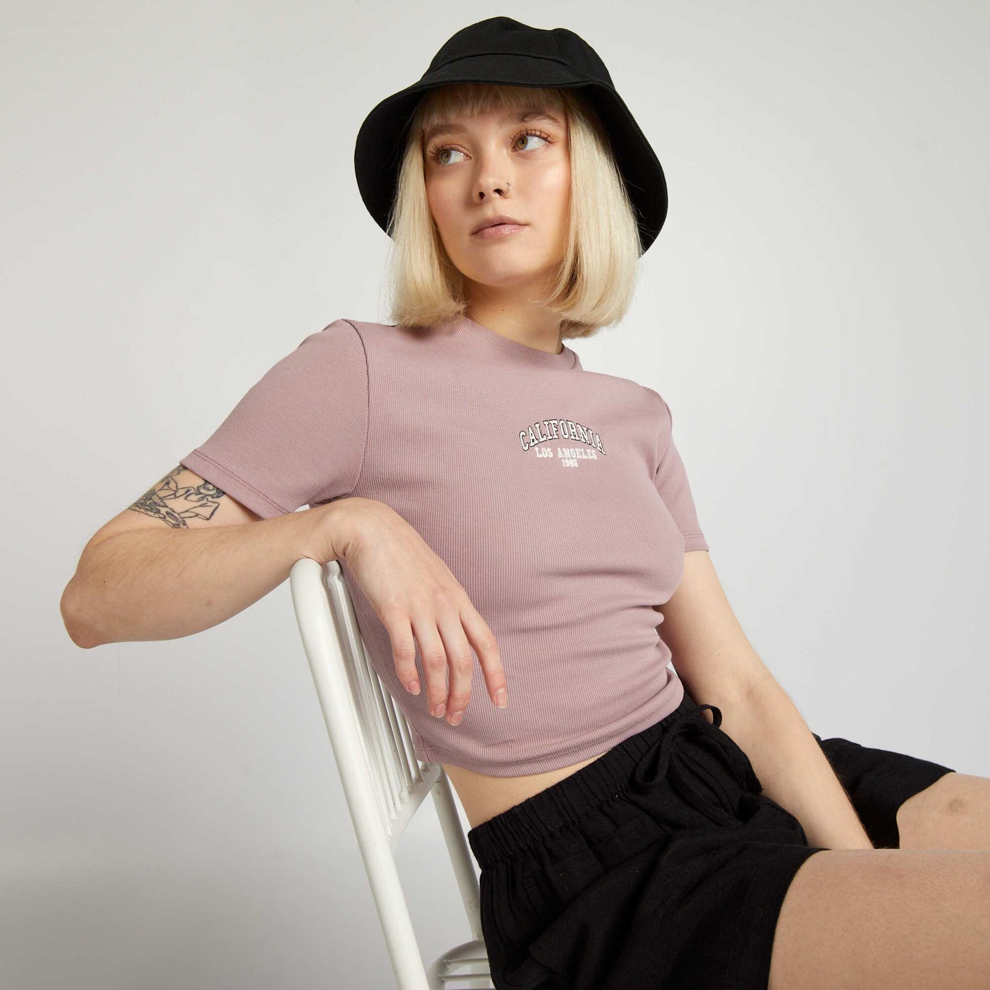 Crop-top côtelé uni 'California' Rose