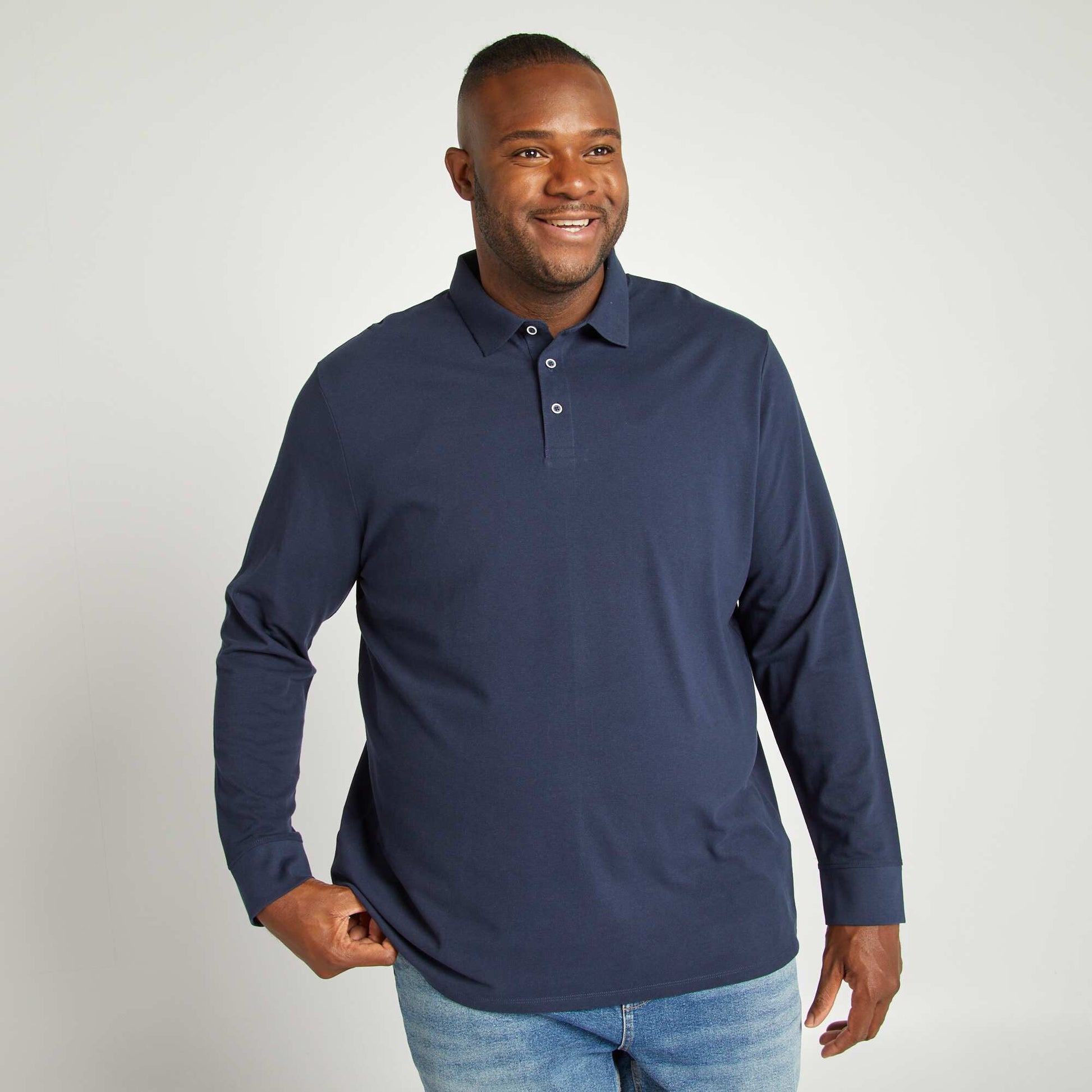 Polo en piqu de coton manches longues Marine