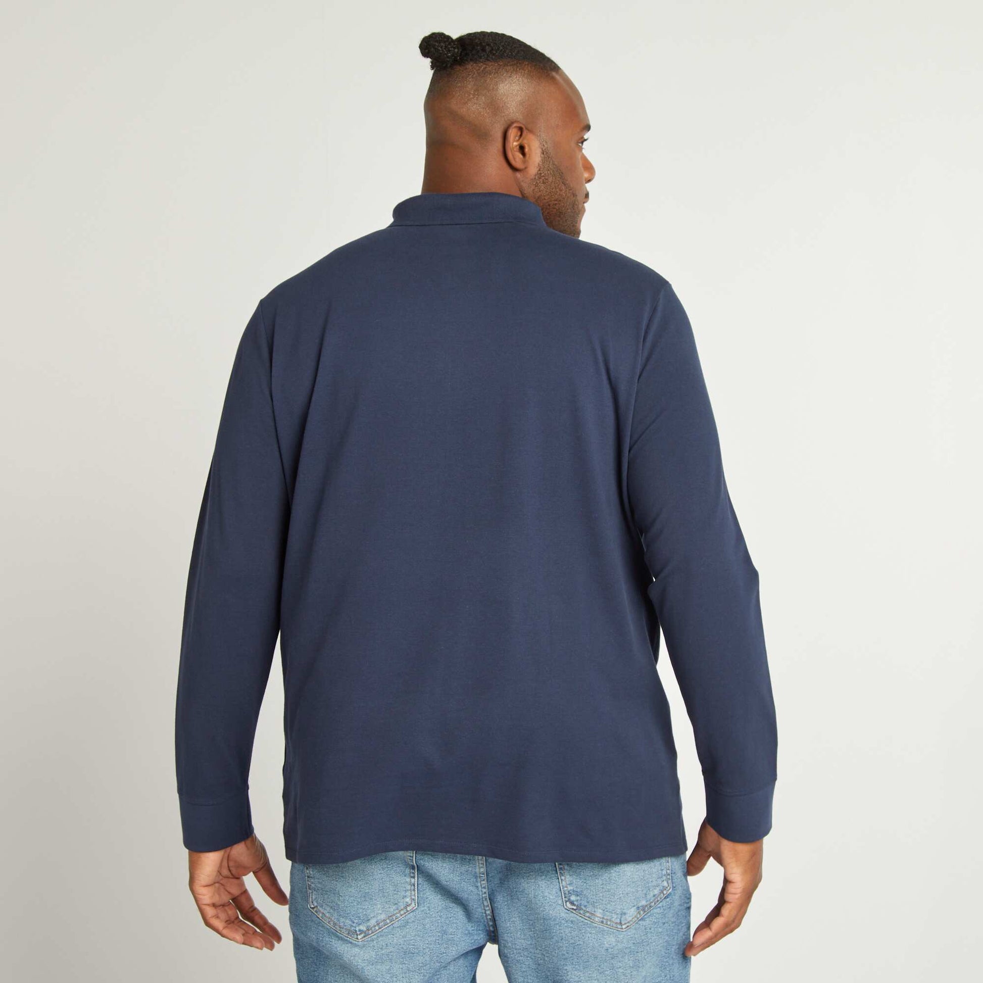 Polo en piqu de coton manches longues Marine