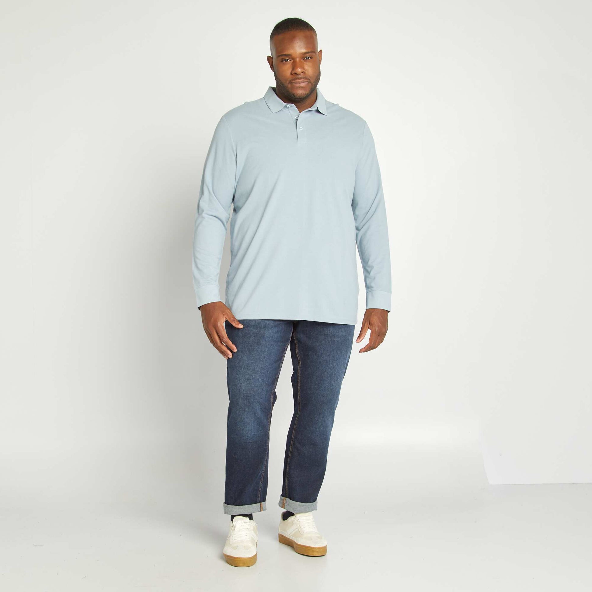 Polo en piqu de coton manches longues Bleu