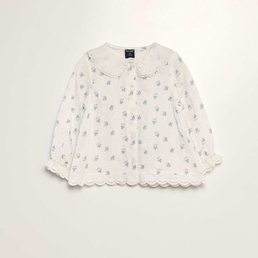 Blouse en gaze de coton avec broderies anglaises Blanc