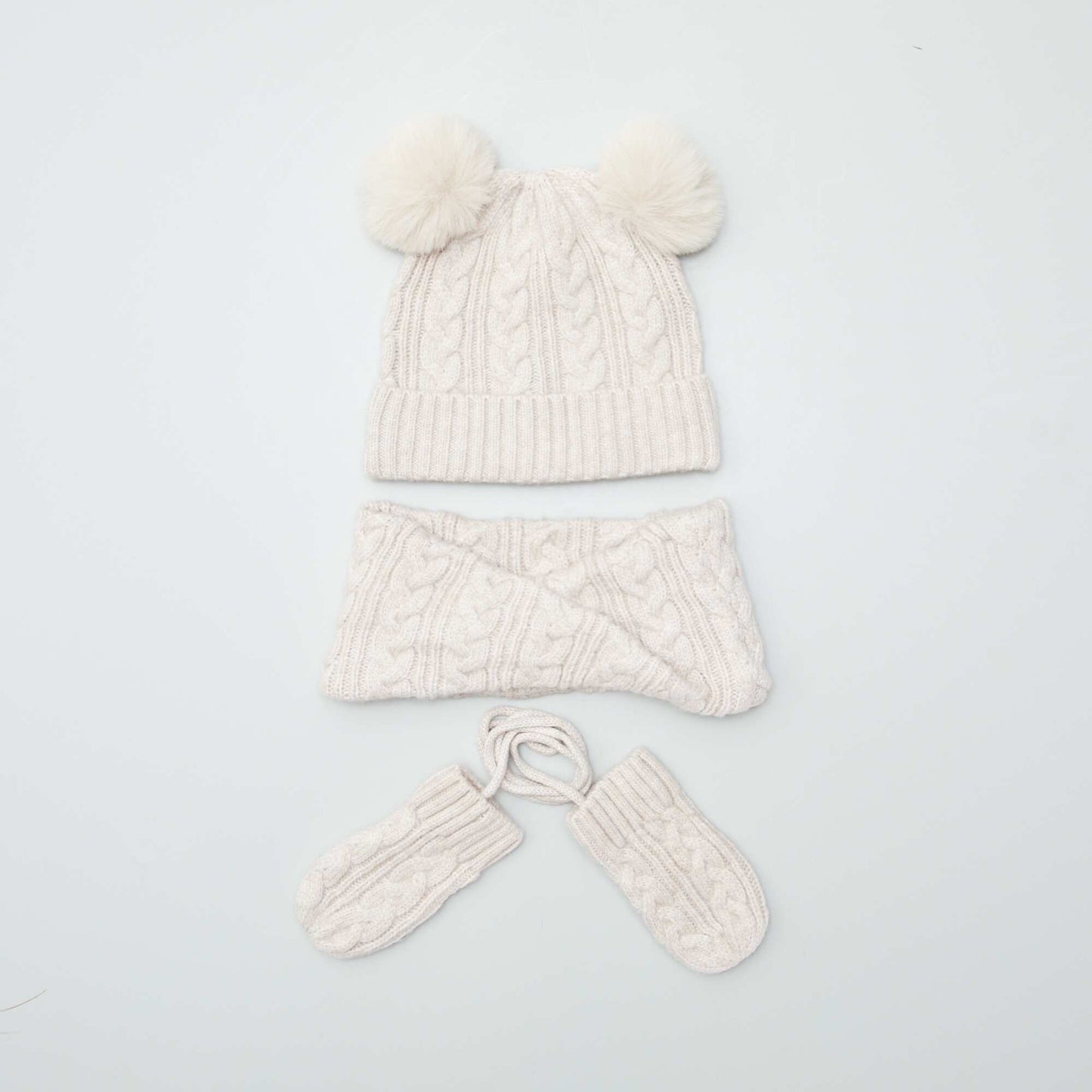 Ensemble bonnet + snood + moufles tressés Beige