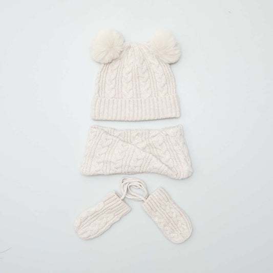 Ensemble bonnet + snood + moufles tressés Beige