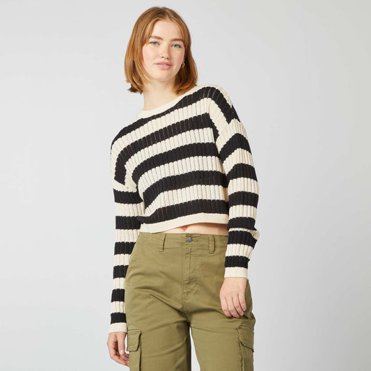 Pull crop top maille ajour e Blanc/noir