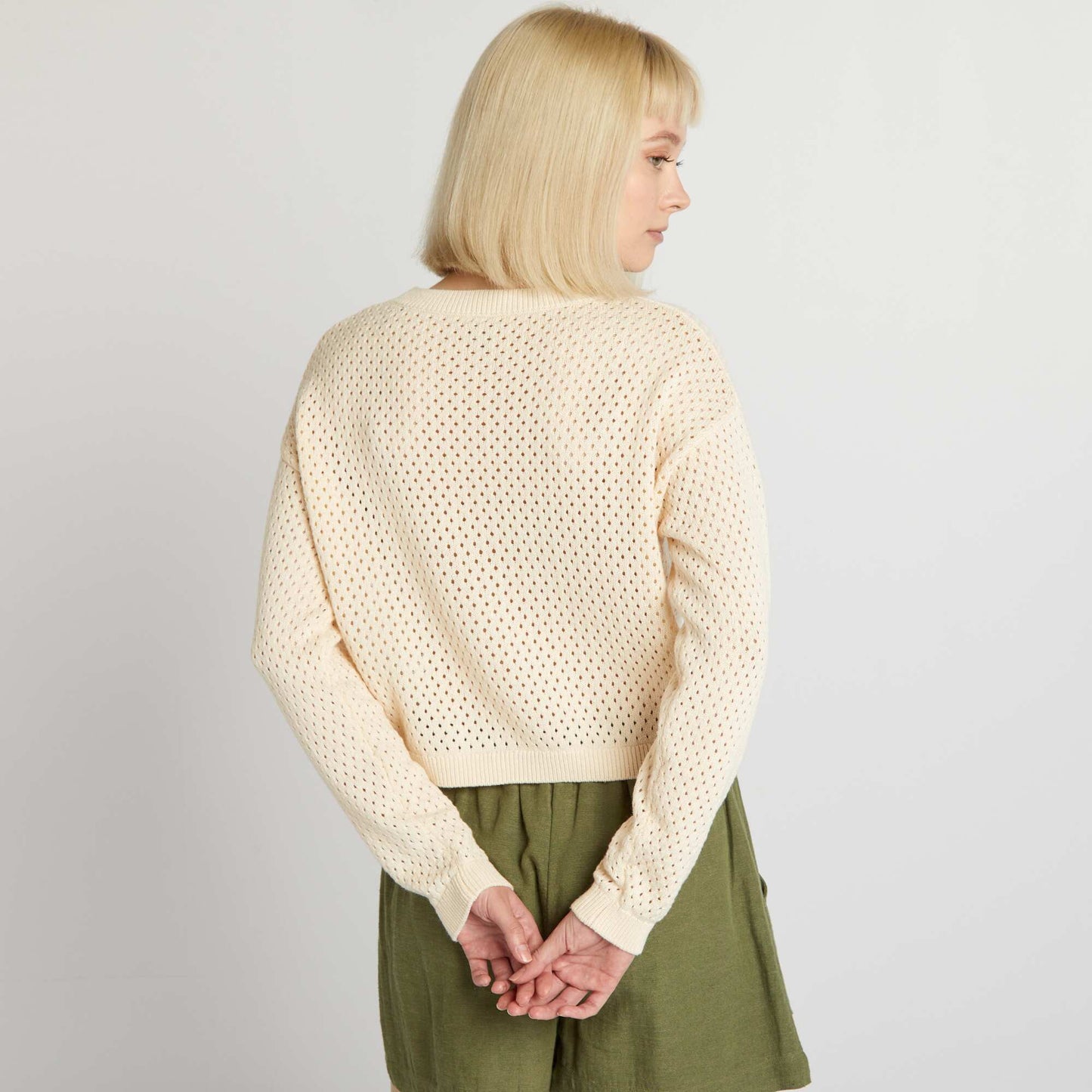 Pull en maille ajour e   col rond Beige